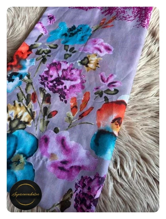 Gran pañuelo de seda con estampado floral Zambak – Rosa Violeta y ribete naranja – photo 4